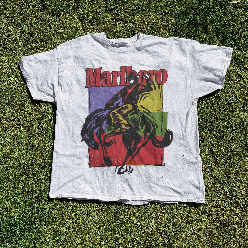 Vintage 90s Marlboro Bold Cowboy Ride White T-Shirt product image 1